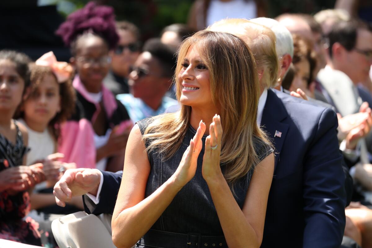 First Lady Melania Trump attends an event in the White House Rose Garden in May 2019.