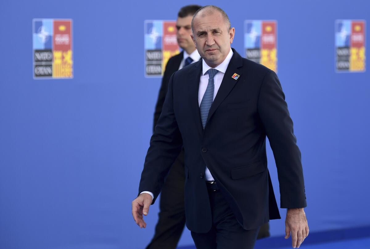 Bulgarian President Rumen Radev arrives at the NATO Heads of State summit in Madrid, Thursday, June 30, 2022. North Atlantic Treaty Organization heads of state are meeting for the final day of a NATO summit in Madrid on Thursday. (Bertrand Guay, Pool via AP)