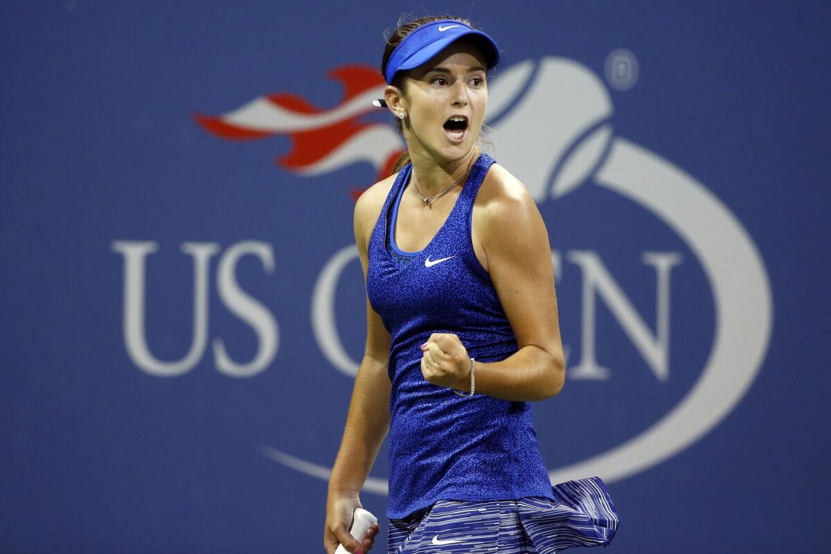 CiCi Bellis reacts after winning a point against Zarina Diyas of Kazakhstan at the U.S. Open on Thursday in New York.