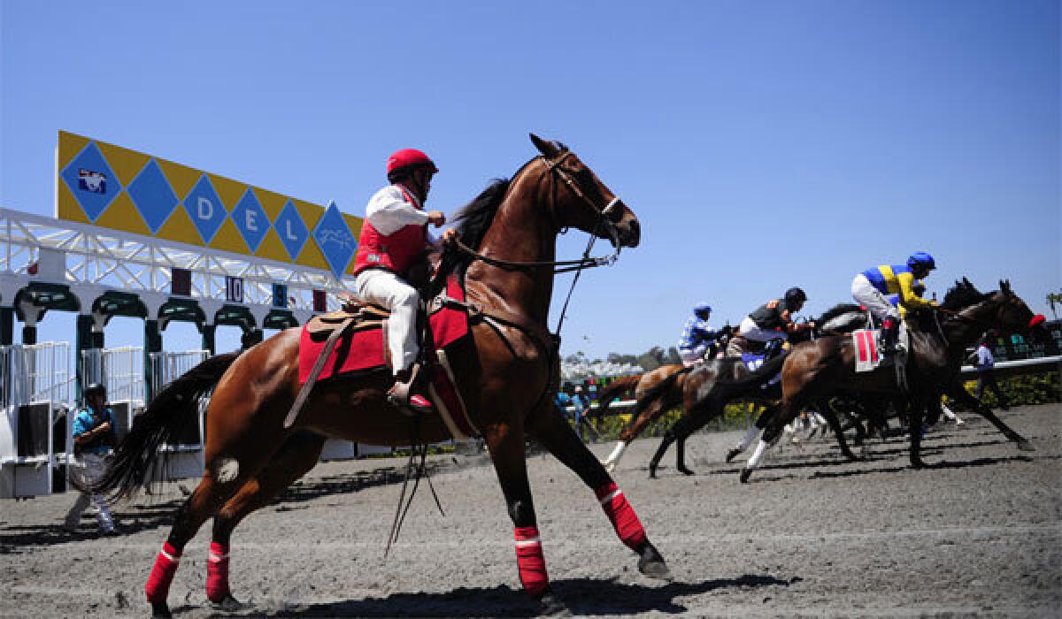 An outrider watches as horses leave the gate during the opening day of horse racing at Del Mar last July.
