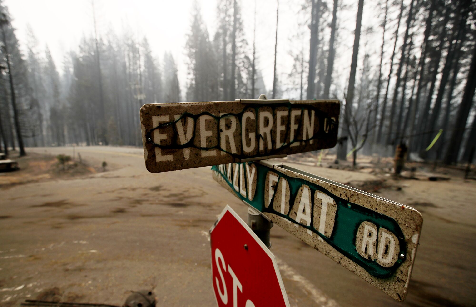 A burned stop sign at Evergreen and Grizzly Flat roads.