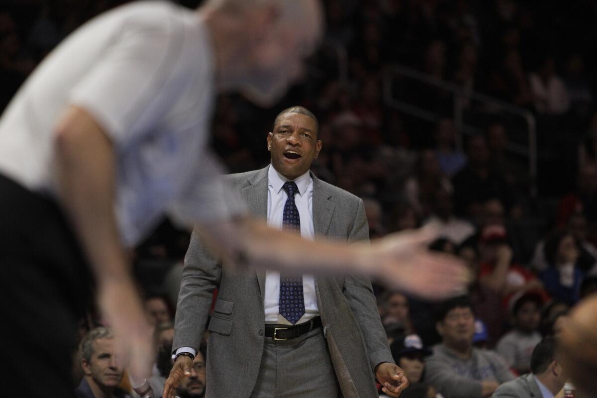 Doc Rivers reacts after his team is called for a foul during the fourth quarter of the Clippers' 108-105 win over the Phoenix Suns on Oct. 22 at Staples Center.