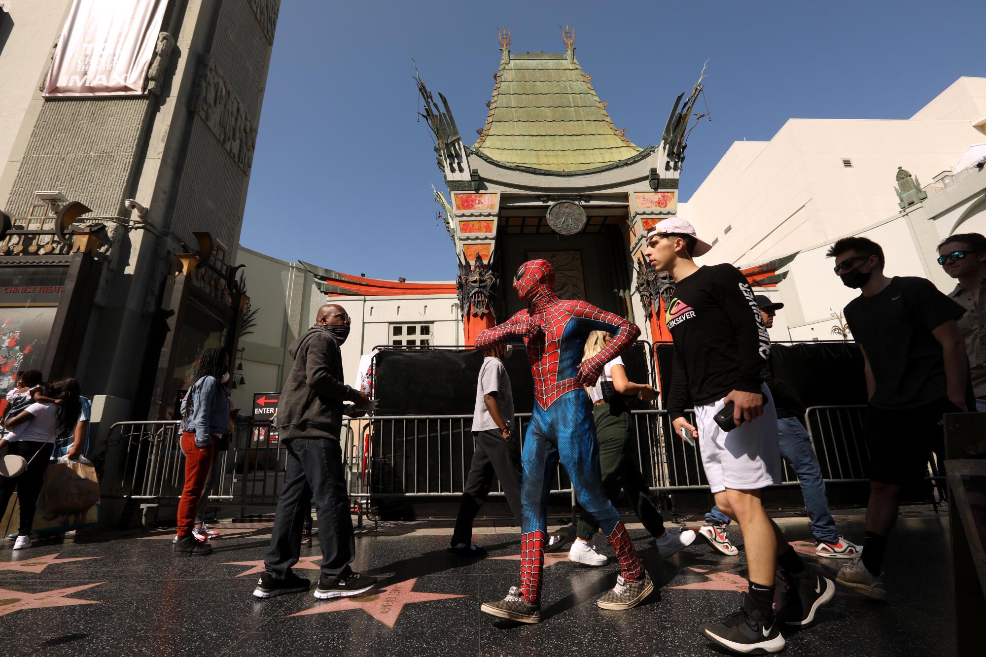 A man dressed as Spider-Man walks among pedestrians on the Walk of Fame.