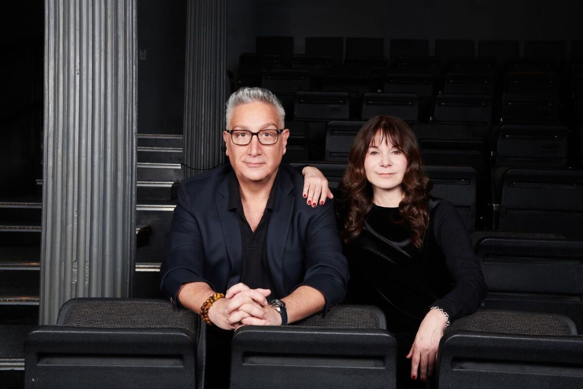 Playwrights Moises Kaufman, left, and Amanda Gronich