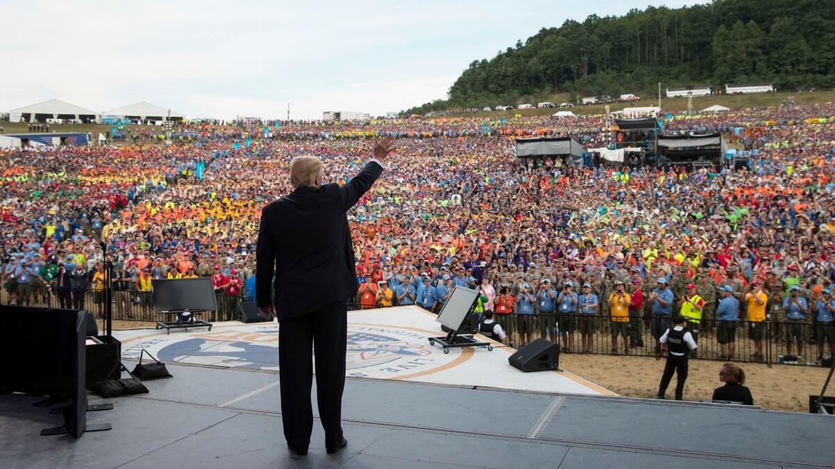 President Donald Trump waves to the crowd after speaking at the 2017 National Scout Jamboree in Glen Jean, W.Va. on July 24.