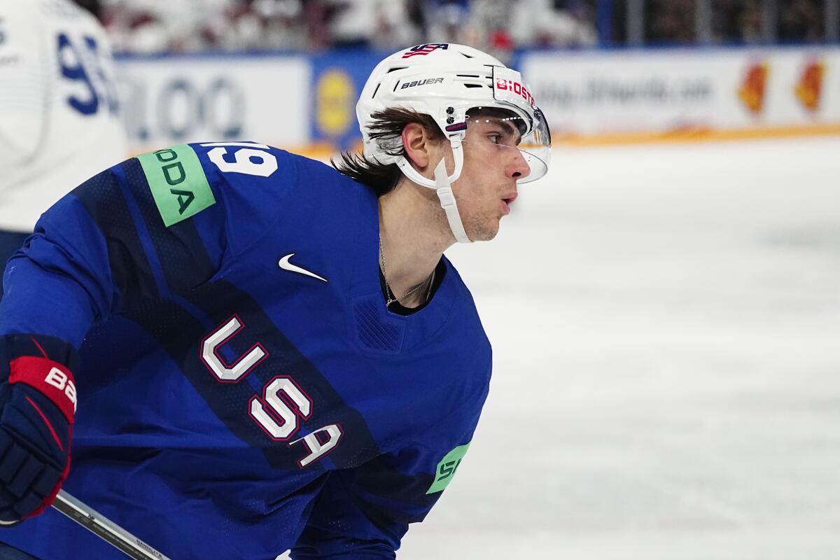 U.S. forward Cutter Gauthier plays in a game against France at the IIHF world championships in May.