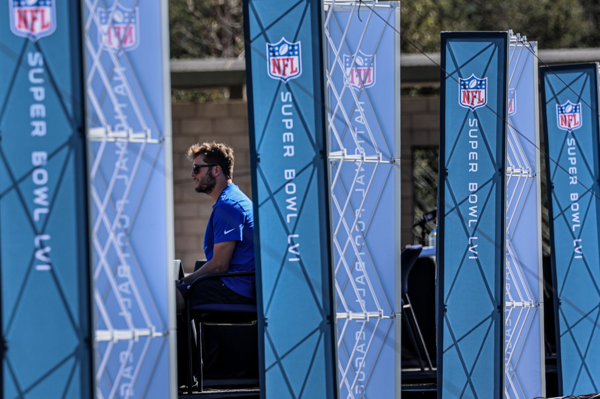 Rams quarterback Matthew Stafford answers questions during Super Bowl media day at Cal Lutheran University in Thousand Oaks.