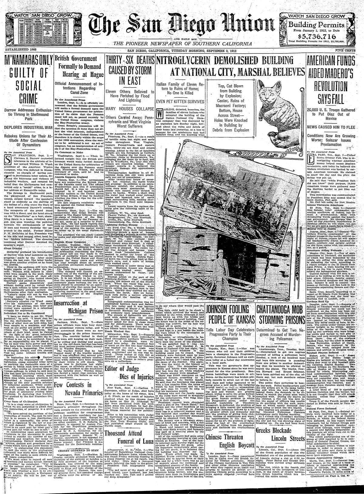 Front page of The San Diego Union and Daily Bee, September 3, 1912.
