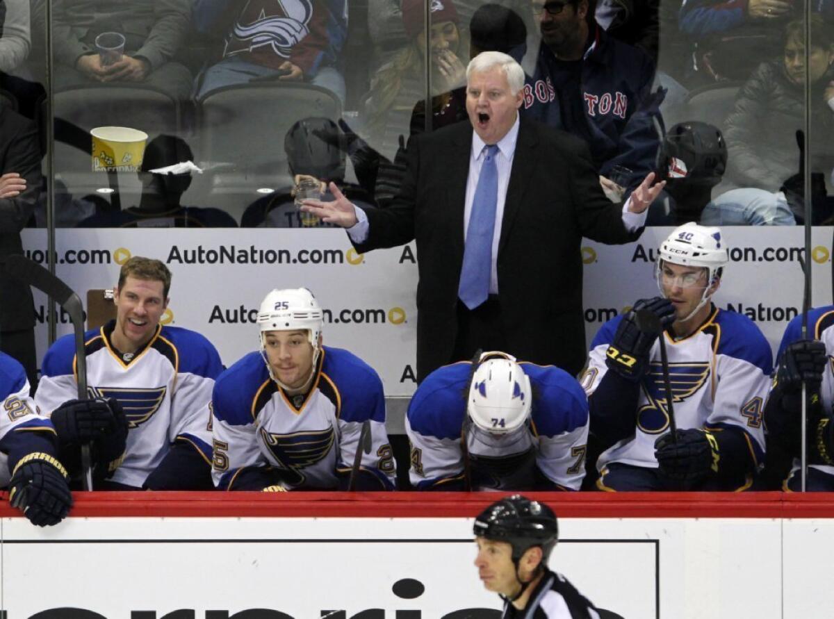 St. Louis Blues Coach Ken Hitchcock shouts after the Blues were called for a penalty during the third period of a game against the Colorado Avalanche on Nov. 27.