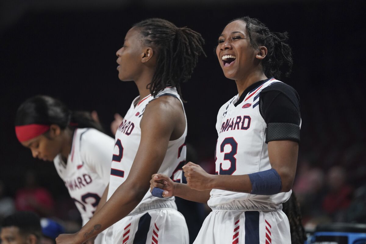 Howard guard Gia Thorpe (13) celebrates a basket during the second half of a First Four game against Incarnate Word in the NCAA women's college basketball tournament Wednesday, March 16, 2022 in Columbia, S.C.(AP Photo/Sean Rayford)
