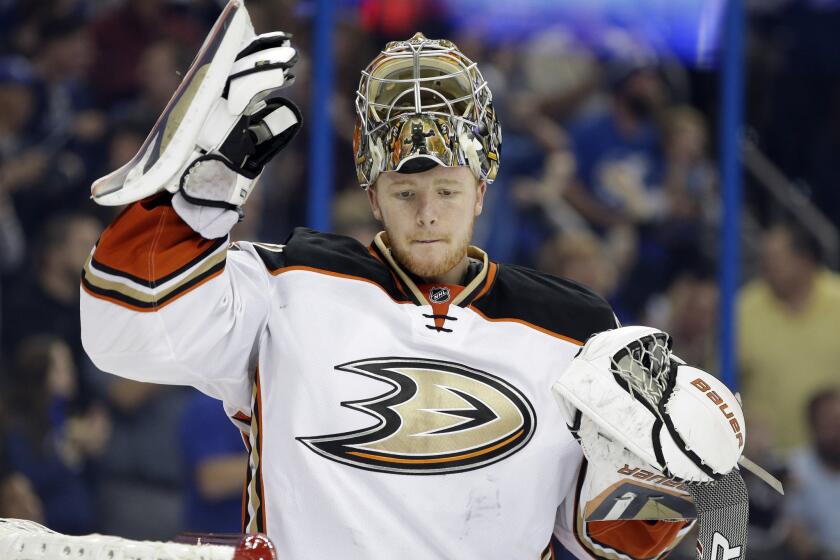 Ducks goalie Frederik Andersen during the second period of a game against the Lightning on Nov. 21.
