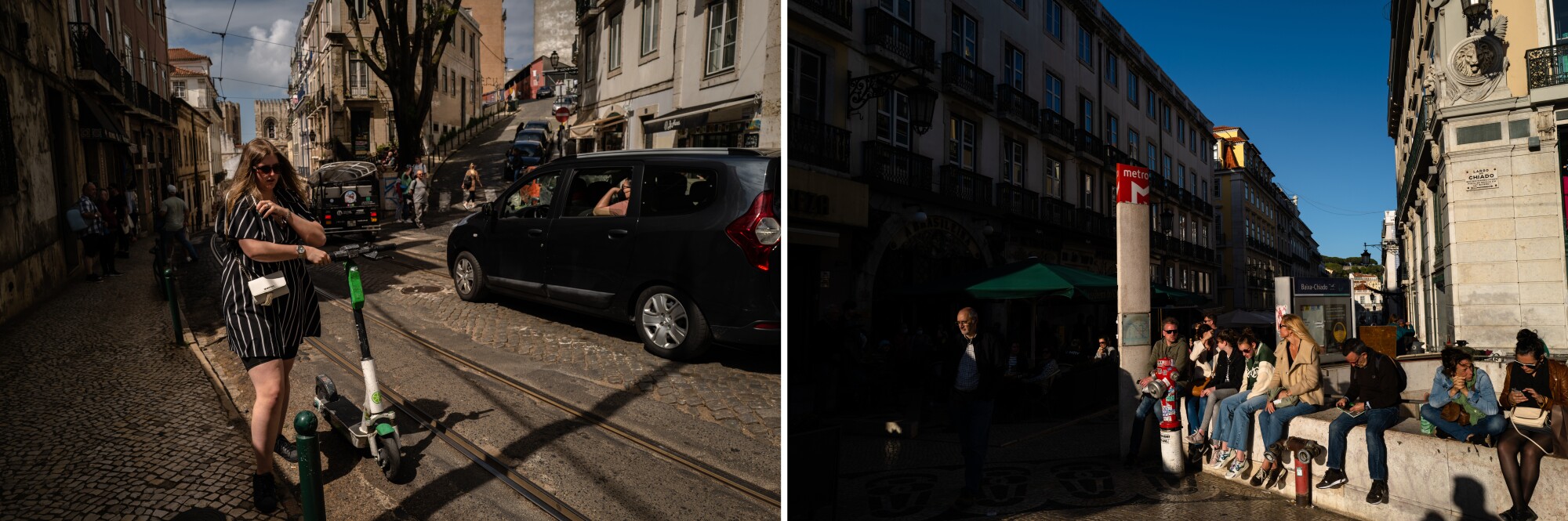 A woman with a scooter on a street, left. On the right, people sit along a low stone wall. 