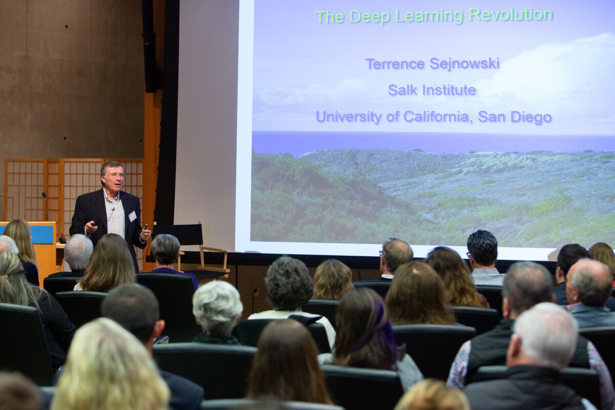 Terrence Sejnowski is pictured discussing his 2018 book “The Deep Learning Revolution.”