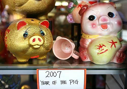 Kitsch is in ample abundance along Grant Avenue in San Franciscos Chinatown. Glass-pig collectors will hit the jackpot in 2007, the Year of the Boar.