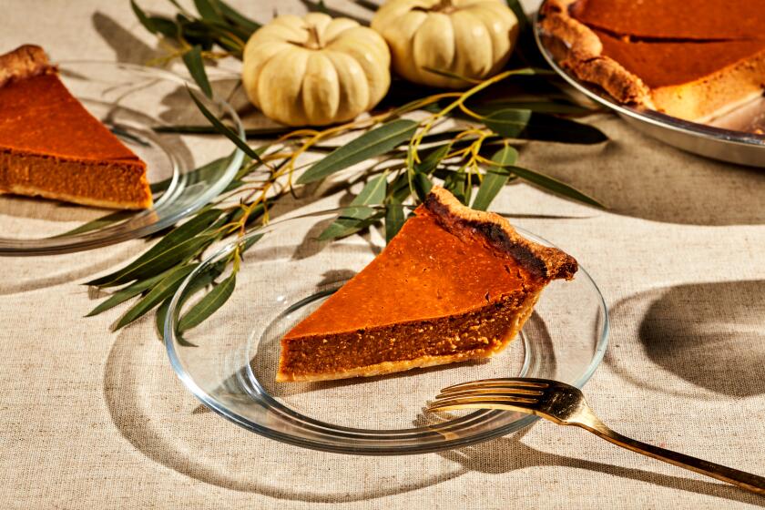 LOS ANGELES, CA - NOVEMBER 3, 2022: Pumpkin pie prepared by cooking columnist Ben Mims on November 3, 2022 in the LA Times test kitchen. (Katrina Frederick / For The Times)