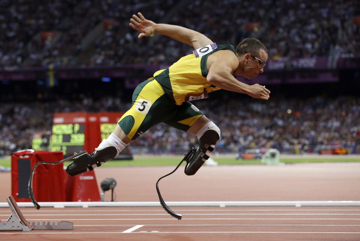 A file photo shows South Africa's Oscar Pistorius in the men's 400-meter semifinal during the 2012 Summer Olympics in London.