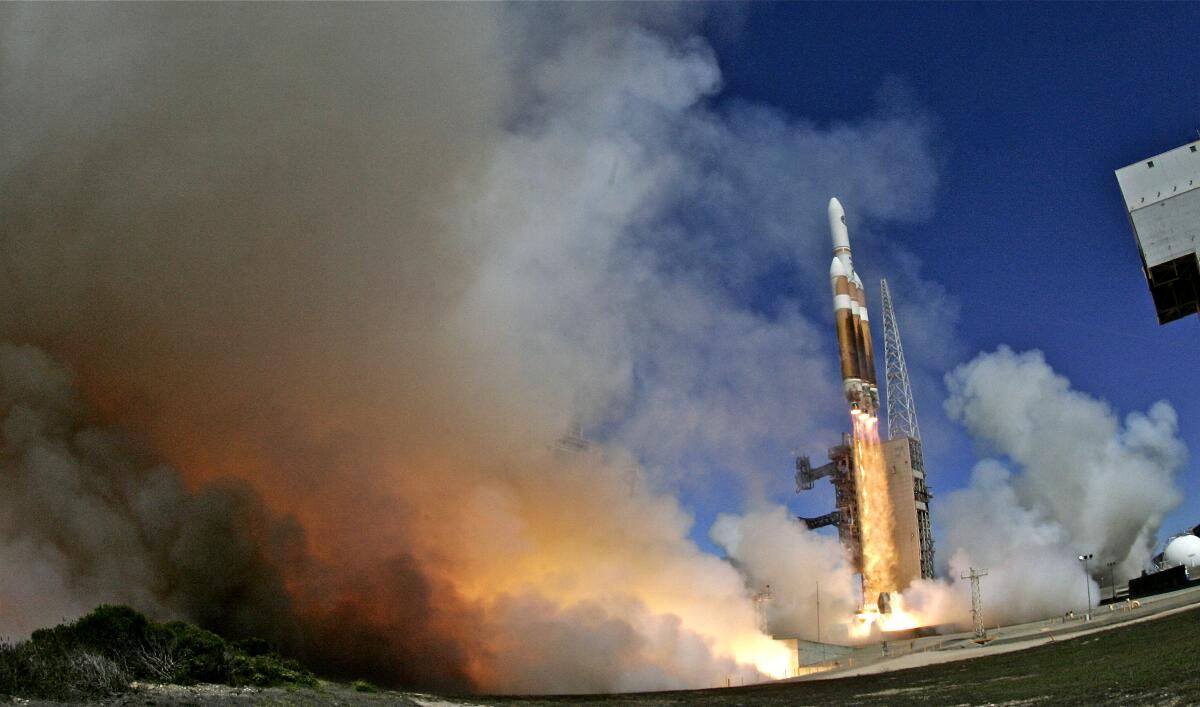 A Delta 4 Heavy rocket lifts off from Vandenberg Air Force Base.