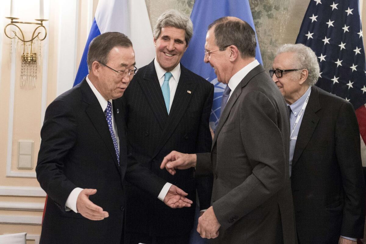 Secretary of State John F. Kerry, second from the left, appears with, from left, United Nations Secretary-General Ban Ki-moon, Russian Foreign Minister Sergei Lavrov and U.N. envoy for Syria Lakhdar Brahimi before a meeting in Munich.