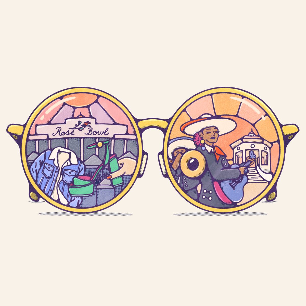 An illustration of round gold sunglasses with reflections of clothes shopping at the Rose Bowl and mariachis.
