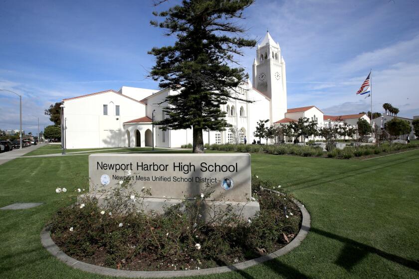 NEWPORT BEACH, CALIF. -- MONDAY, MARCH 4, 2019: A view of Newport Harbor High School in Newport Beach, on March 4, 2019. A photo of a group of smiling students flashing a Nazi salute while surrounding a swastika formed by red plastic cups posted on social media shocked the Newport Beach community, Jewish leaders and others on Sunday morning. Newport-Mesa Unified School District Superintendent Fred Navarro sent an alert about the photo to district administrators and board members, said school board President Charlene Metoyer, who added that they?ve identified several students in that photo who attend Newport Harbor High School. (Allen J. Schaben / Los Angeles Times)