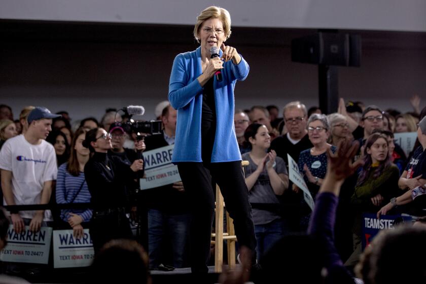 Democratic presidential candidate Sen. Elizabeth Warren, D-Mass., speaks at a campaign stop at the Mississippi Valley Fairgrounds, Sunday, Jan. 5, 2020, in Davenport, Iowa. (AP Photo/Andrew Harnik)