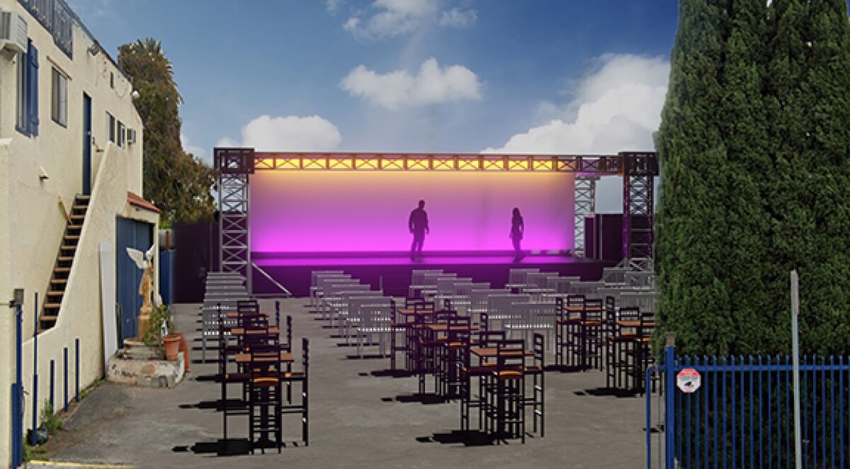 The planned outdoor stage in the parking lot of the Fountain Theatre is shown in a rendering