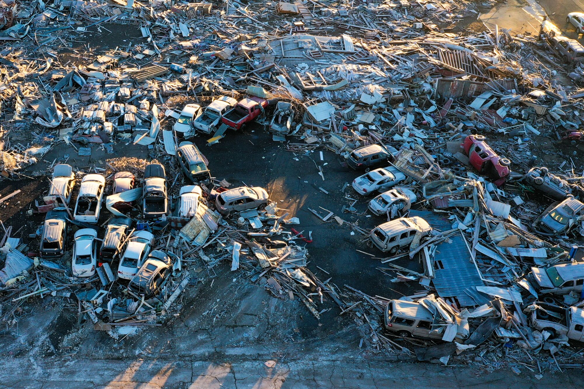An aerial view of the damage in Mayfield, Ky.