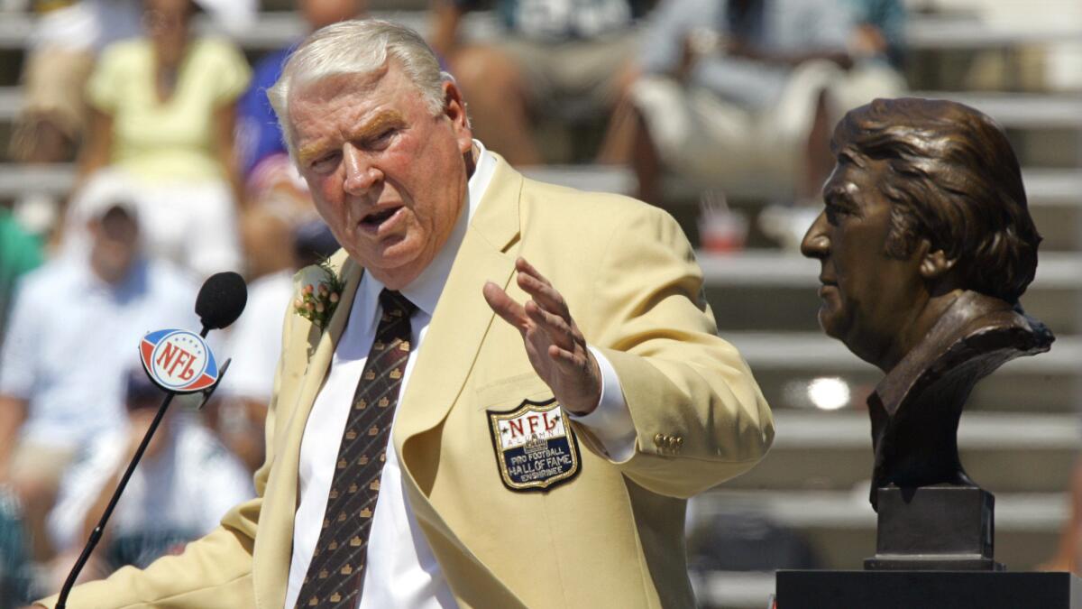 Former Oakland Raiders coach and NFL broadcaster John Madden speaks after being inducted into the Pro Football Hall of Fame in August 2006.