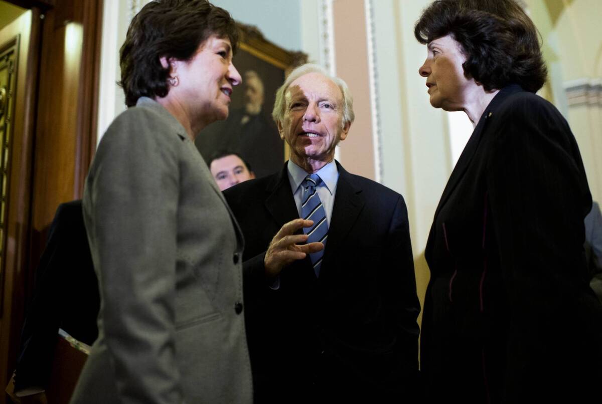 From left, Sens. Susan Collins, Joe Lieberman and Dianne Feinstein, who are among the sponsors of the cyber-security bill that was defeated.
