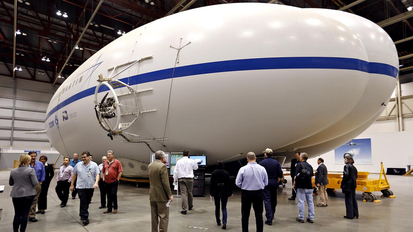 The LMH-1 airship is intended to carry truck-size loads to areas that are inaccessible to more traditional modes of transportation. Above, a prototype of the airship at a Skunk Works hangar in Palmdale.