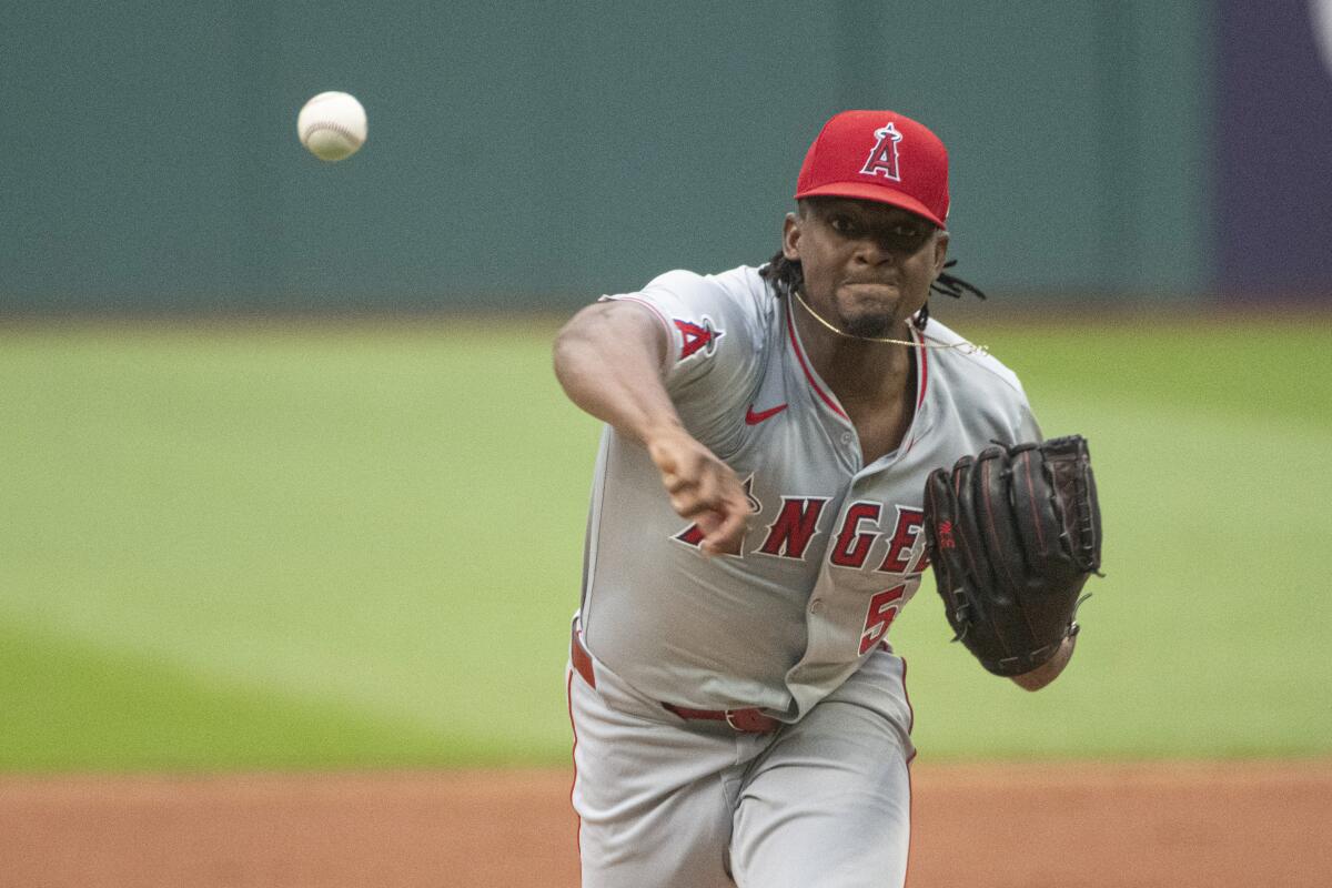 Angels starting pitcher José Soriano delivers against the Cleveland Guardians in the first inning Friday.