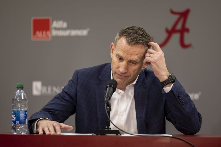 Alabama basketball head coach Nate Oats takes questions at his press conference, Monday, Jan. 16, 2023, in Tuscaloosa, Ala. This was Oats' first meeting with the media after the dismissal of Darius Miles from the basketball team, following Miles' arrest for capital murder Sunday. (AP Photo/Vasha Hunt)