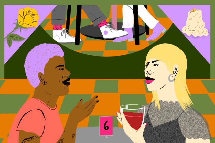 Illustration of a rose, a candle and two people talking on a date in a bar while playing footsie. 