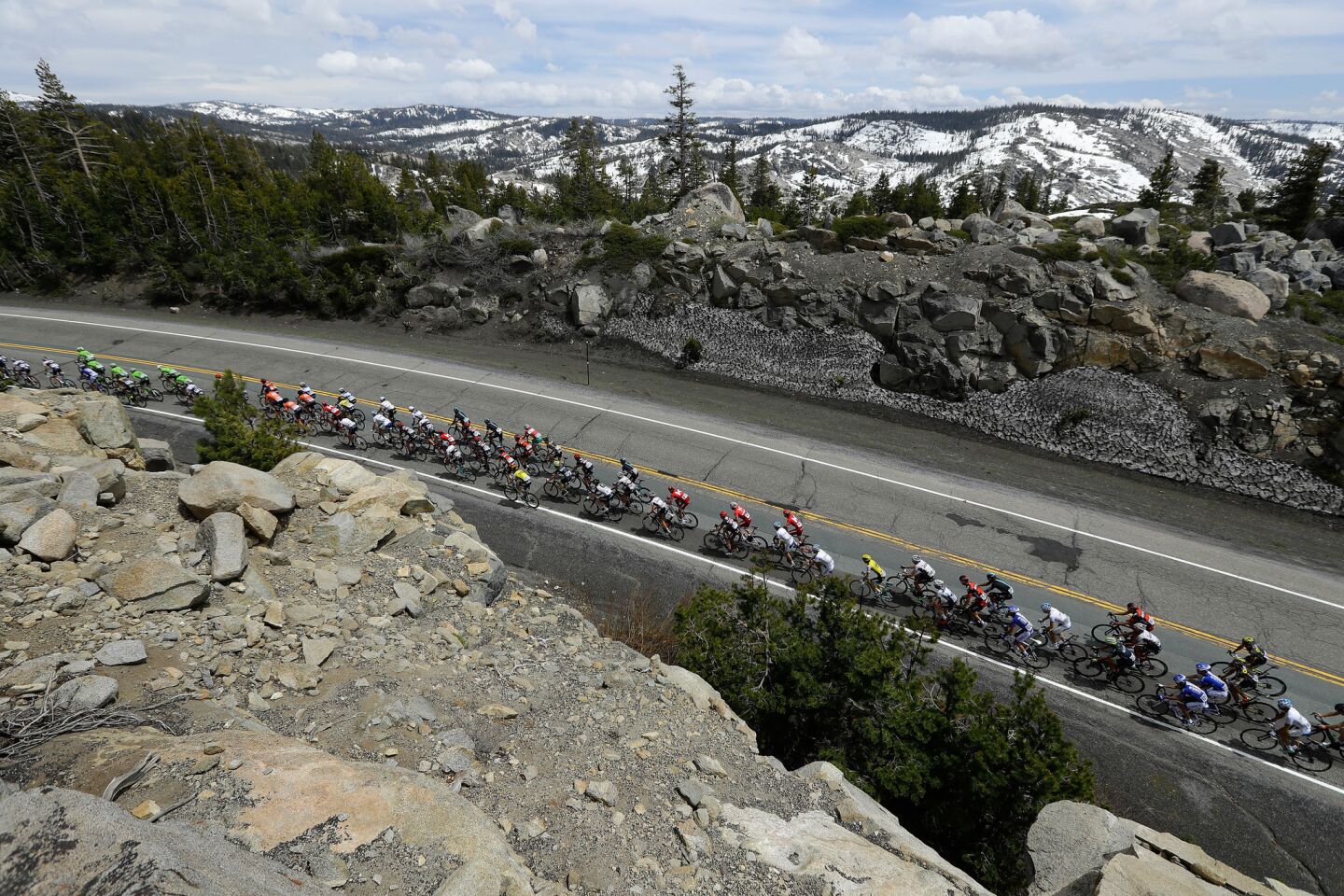 Cyclists climb along Carson Pass Highway during the fifth stage of the Amgen Tour of California on May 19, as racers made their way from Lodi to South Lake Tahoe.