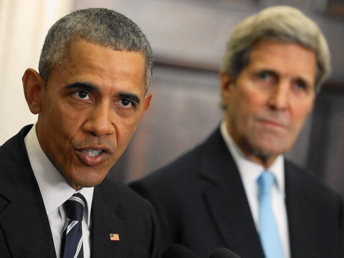 President Obama, with Secretary of State John F. Kerry, announces his decision to reject the Keystone XL pipeline.