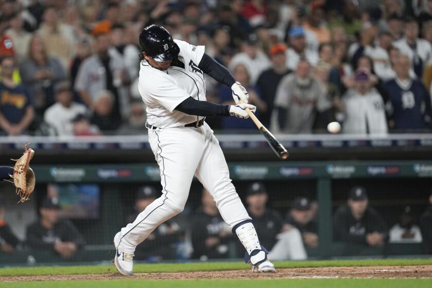 Detroit Tigers' Miguel Cabrera hits a single against the Cleveland Guardians in the seventh inning of a baseball game, Friday, Sept. 29, 2023, in Detroit. (AP Photo/Paul Sancya)