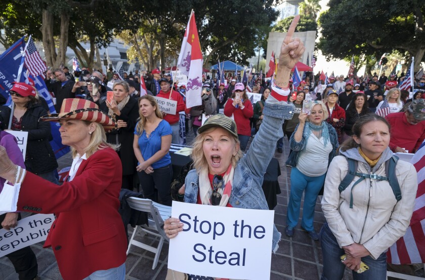 Trump supporters, fueled by his spurious claims of voter fraud, protesting the expected certification of Joe Biden