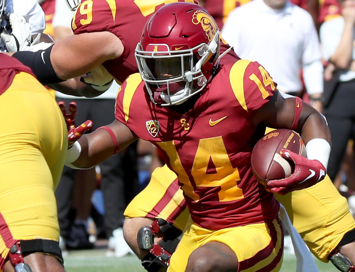USC running back Raleek Brown carries the ball during a win over Rice on Sept. 3, 2022.