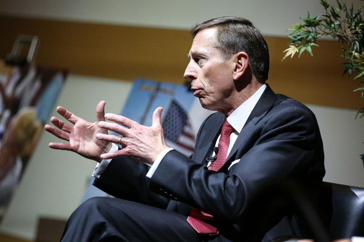 David Petraeus speaks at a November event in Los Angeles.