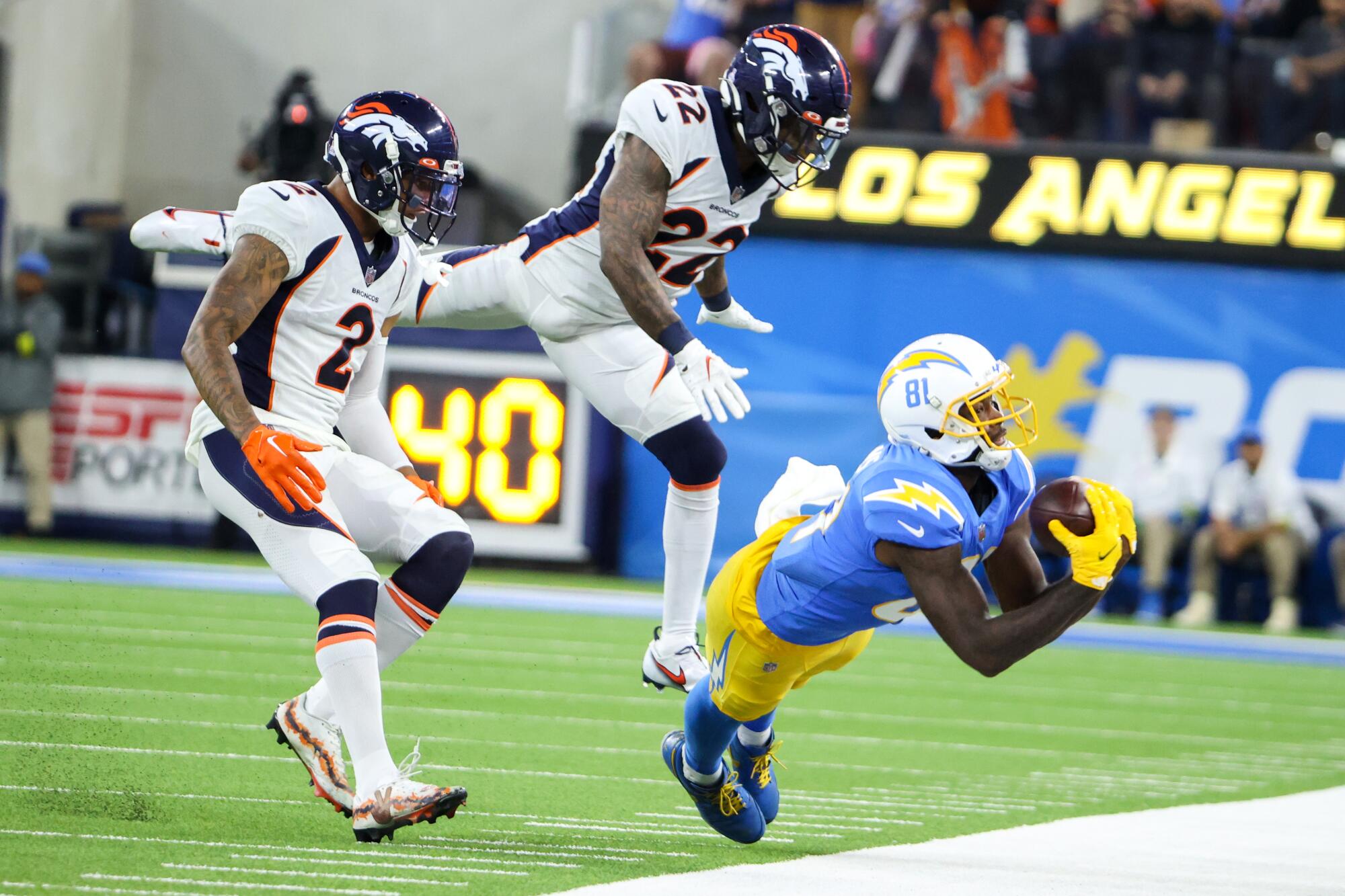 Chargers wide receiver Mike Williams is ruled out of bounds after hauling in a pass in overtime.