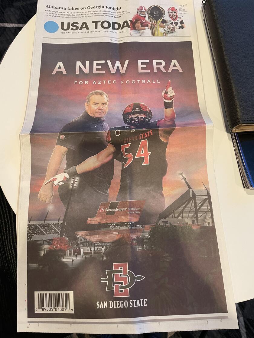 One of four advertising pages that wrapped around USA Today on Monday promoting San Diego State's football program.