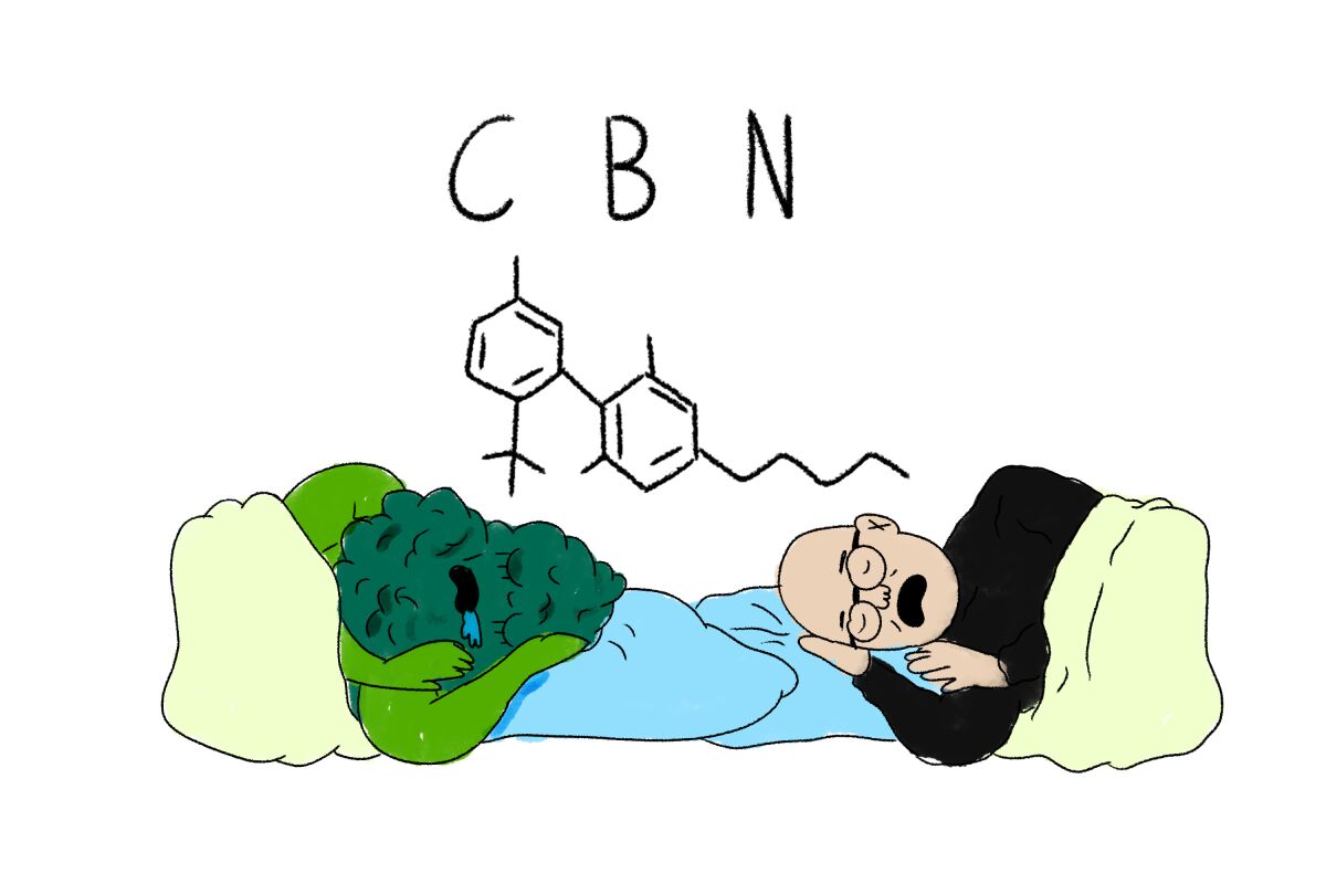 An illustration of a cartoon cannabis bud sleeping in bed
