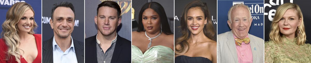 This combination photo of celebrities with birthdays from April 24 - April 30 shows Carly Pearce, from left, Hank Azaria, Channing Tatum, Lizzo, Jessica Alba, Leslie Jordan, and Kirsten Dunst. (AP Photo)