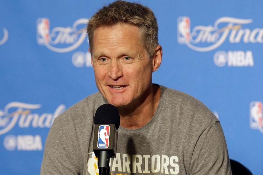 Golden State Warriors head coach Steve Kerr speaks at a news conference before Game 2 of basketball's NBA Finals between the Warriors and the Cleveland Cavaliers in Oakland, Calif., Sunday, June 4, 2017. (AP Photo/Jeff Chiu)