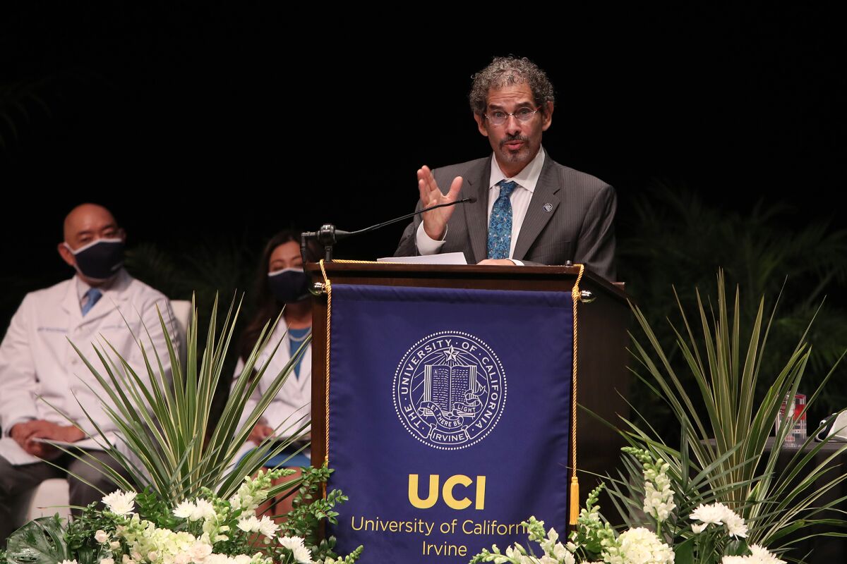 Dr. Steve Goldstein, vice chancellor of health affairs, speaks at the Irvine Barclay Theater.