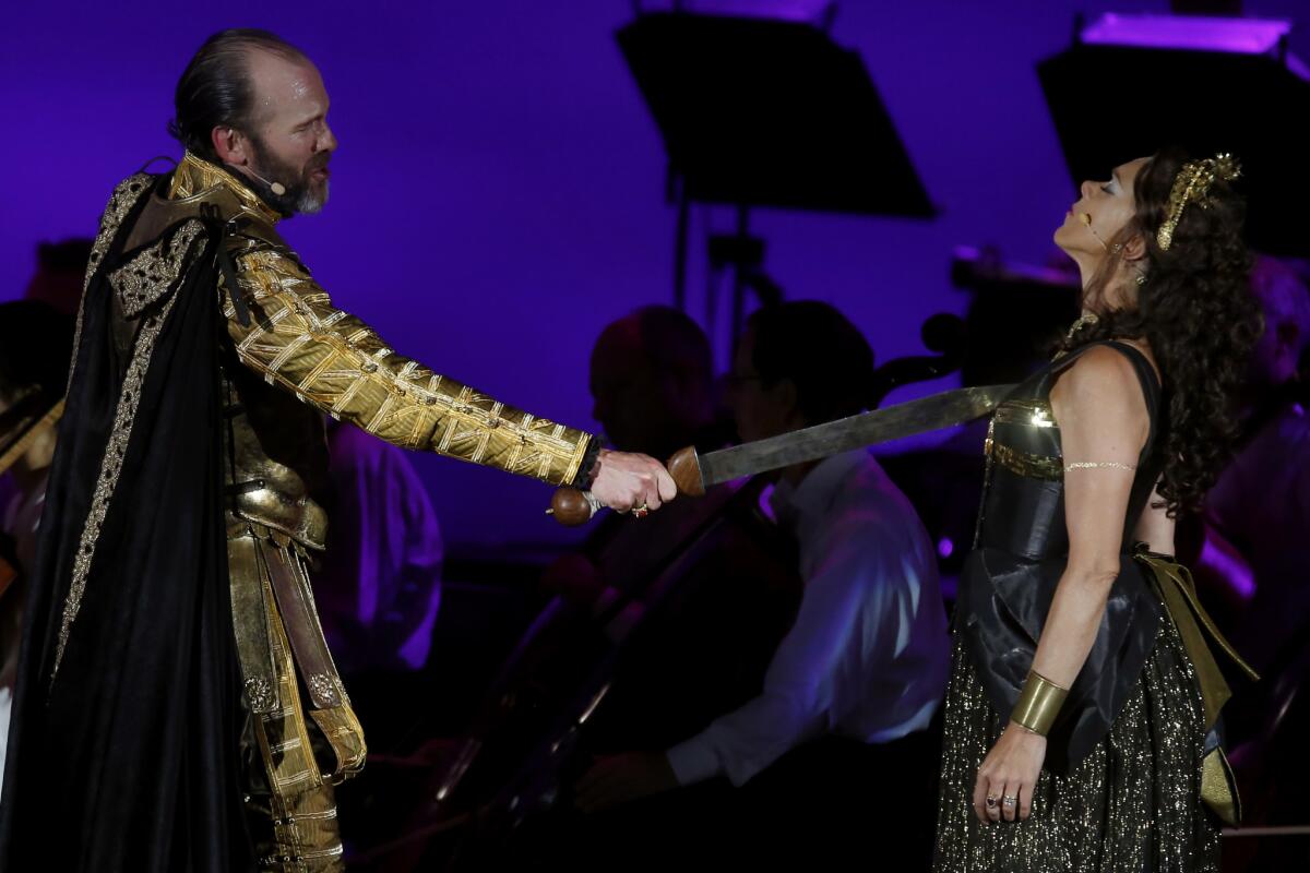 Simon Paisley-Day as Antony and Janie Dee as Cleopatra in the Los Angeles Philharmonic's "Shakespeare at the Bowl" at the Hollywood Bowl on Tuesday night.