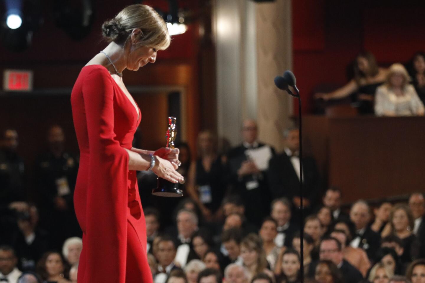Allison Janney onstage after Janney won for best supporting actress for "I, Tonya," from backstage at the 90th Academy Awards on Sunday at the Dolby Theatre in Hollywood.