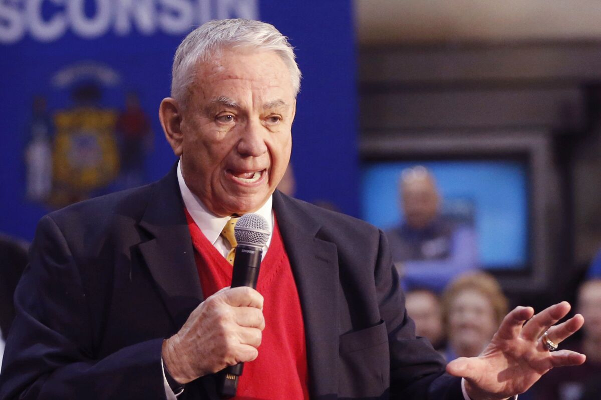 FILE - Tommy Thompson talks in West Salem, Wis., on March 18, 2016. Thompson will not run for governor in battleground Wisconsin, announcing, Monday, April 18, 2022, that he had decided against a bid that would have put him on the ballot for the first time in a decade and 24 years after his last win. (AP Photo/Charles Rex Arbogast, File)