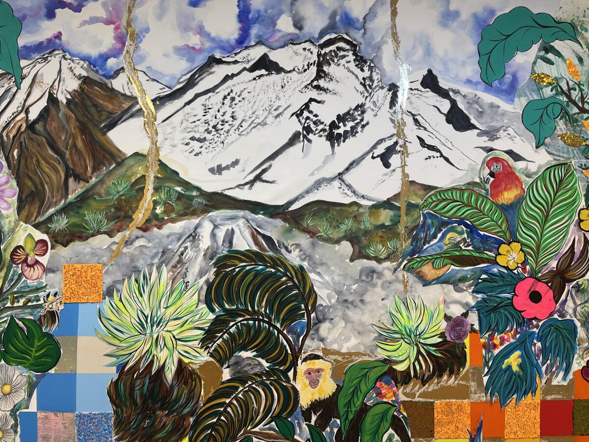 A detail of a large-scale painting by Carolyn Castaño shows a snowy peak framed by lush vegetation and tropical animals