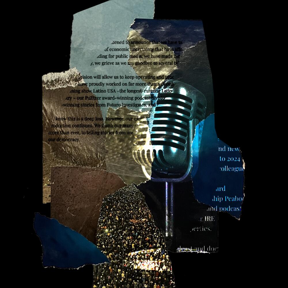 Collage with microphone and words from a layoff notice 